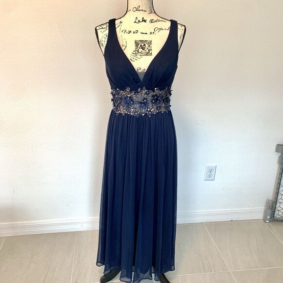 Betsey Adam Navy Blue Gown With Illusion Waist Dress Size 6 Petite - Picture 1 of 7